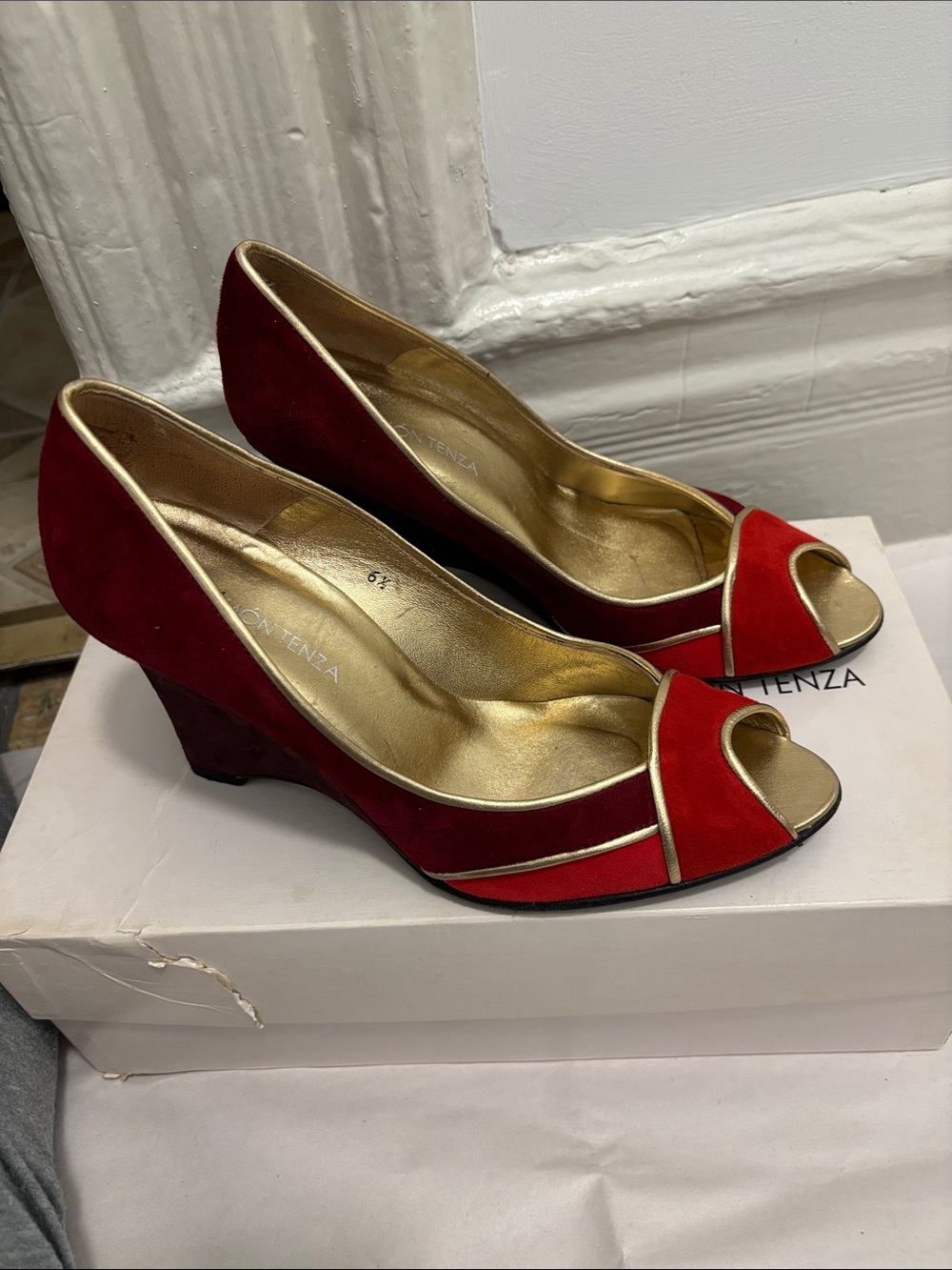 Ramon Tenza Red Suede Peep-Toe Wedge Pumps with Gold Trim